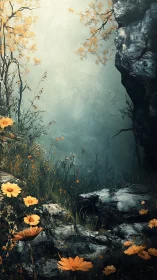 Golden wildflowers glow softly beside a misty cliff path