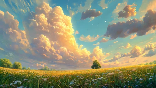 Luminous cloudscape above wildflower meadow, digital painting.