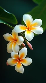 White Plumeria Cluster Blooming Against Dark Green.