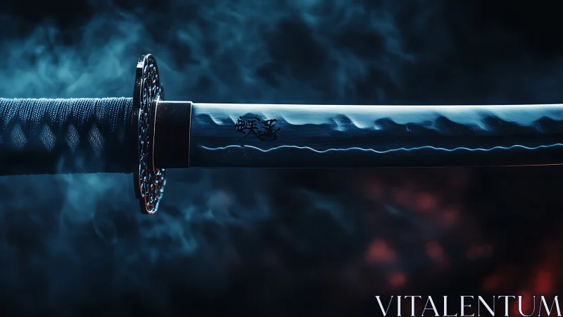 Detailed katana blade with smoke and subtle red glow.
