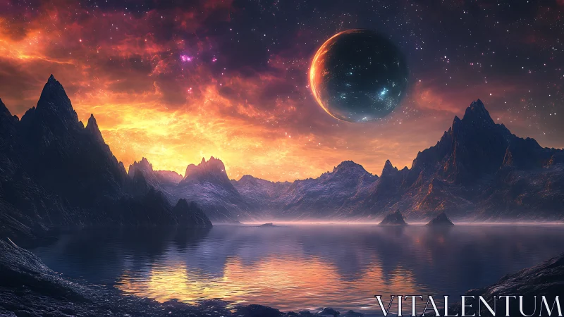 Cosmic sunrise over silent alien waterscape of dreams.