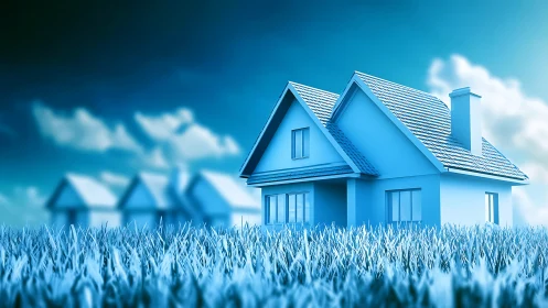 Frosted suburban house in stylized blue 3D landscape.