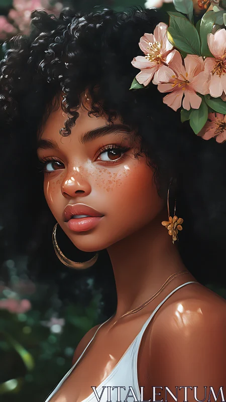 Digital portrait with floral accents and soft bokeh lighting.