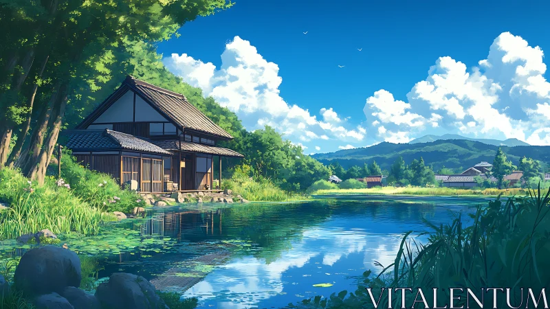 Lakeside Japanese house under vivid summer sky reflections.