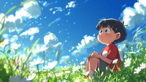 Daydreaming child in a sunny wildflower meadow under blue skies.