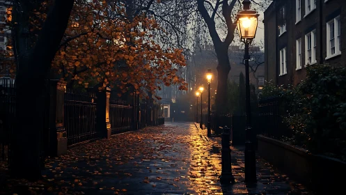 Rain-soaked autumn city lane under glowing gaslamps at dusk.