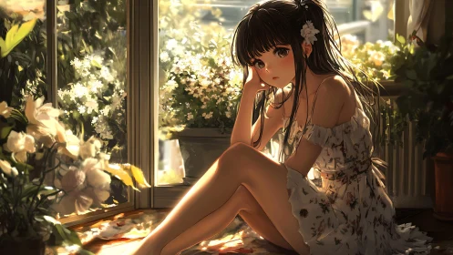 Seated girl in floral dress by sunlit indoor window garden.