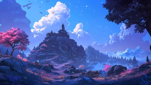 Fantasy hilltop fortress under vivid twilight sky.