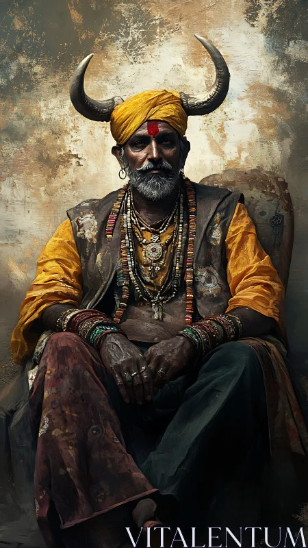 Seated figure wearing horned headdress and layered ornaments