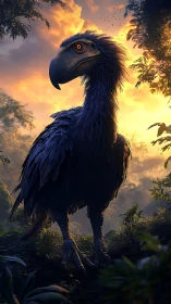 Large prehistoric bird in dense jungle under sunset sky.