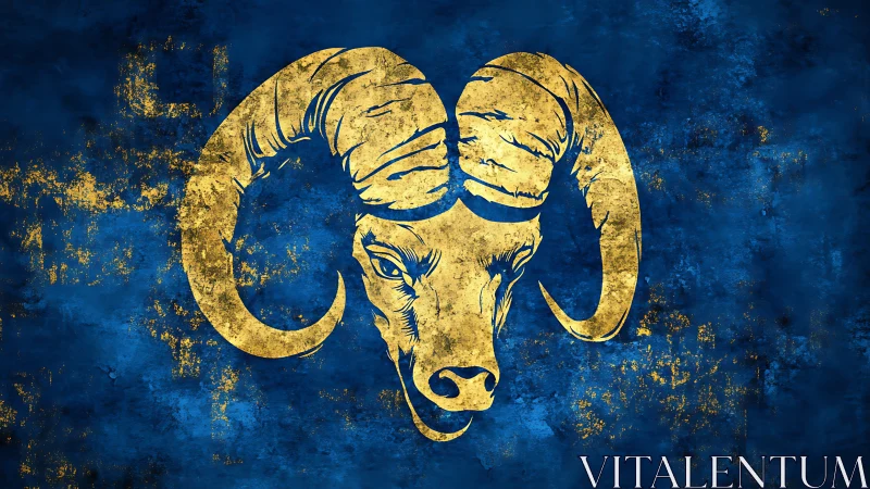 Gold ram head emblem with distressed blue grunge background texture
