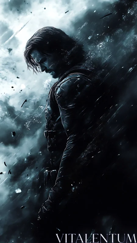 Brooding warrior emerges through storm of shattered shadow.