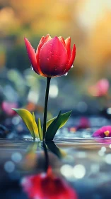 Red tulip with water droplets in shallow reflective pool.