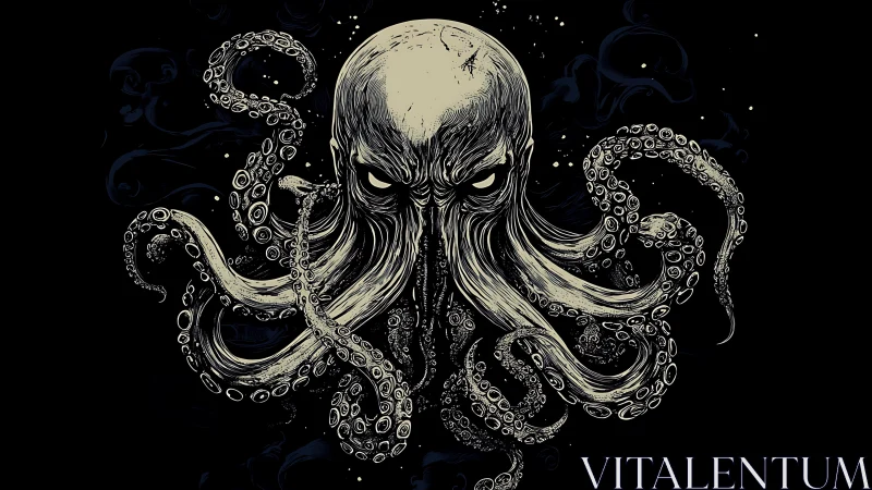 Symmetrical monochrome cephalopod horror rendered in high-detail linework