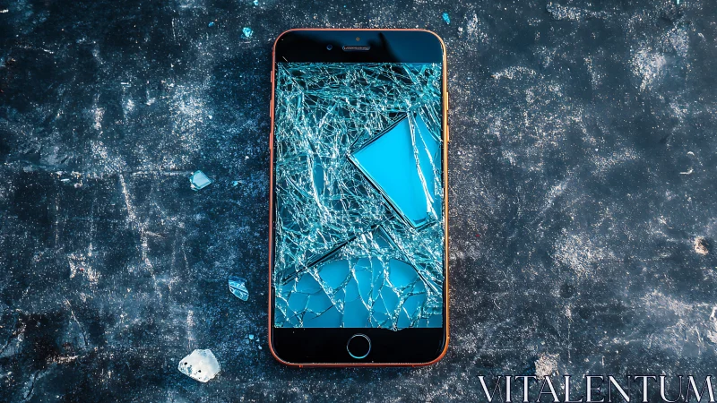 Smartphone with shattered screen on textured dark surface.