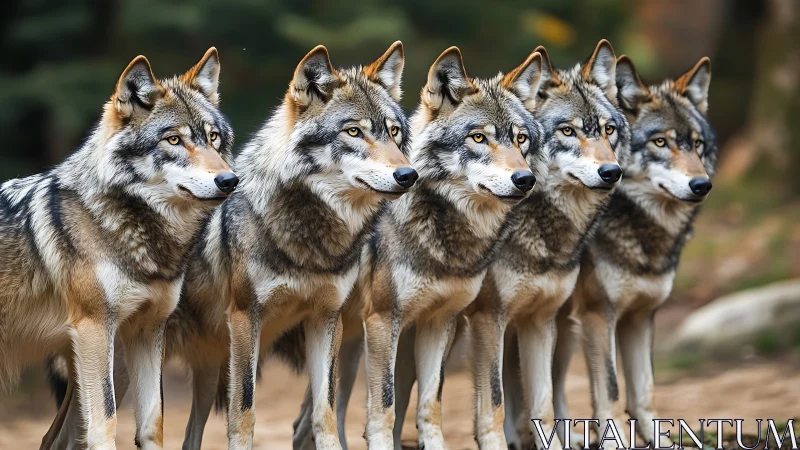 Wolf pack stands aligned in forest light, focused and alert.