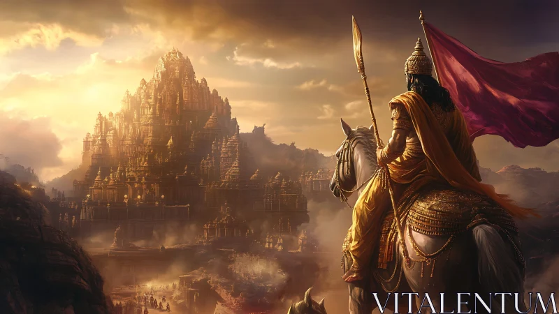 Warrior on horseback beholds a radiant ancient temple citadel