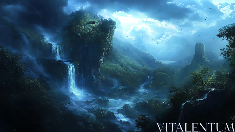 Mountain river landscape with waterfalls under dense clouds.