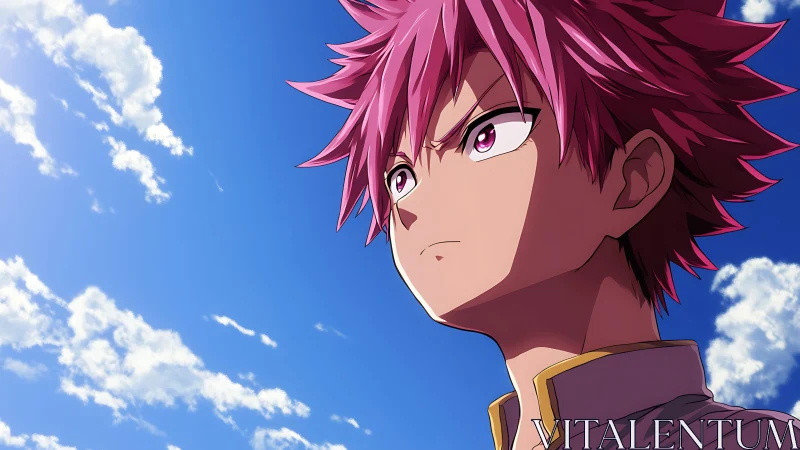 Pink haired anime boy gazing at clear blue sky.