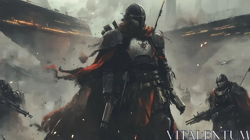 Armored shocktrooper vanguard in smoldering orbital warzone.