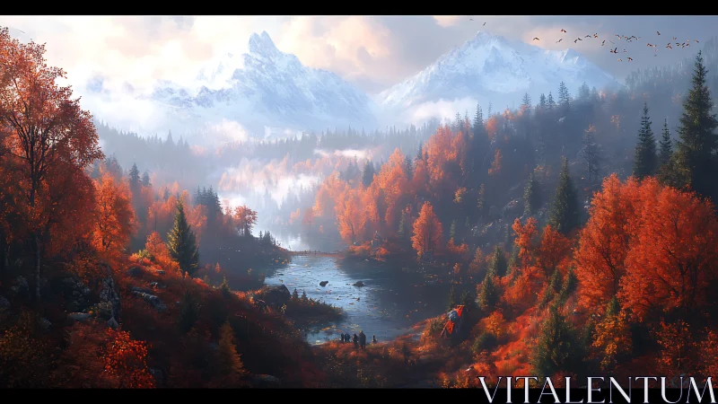 Autumn valley panorama with atmospheric depth and snowy peaks rendered