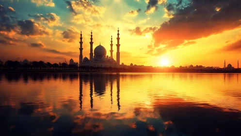 Grand mosque skyline glows over mirrored sunset water