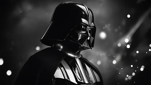 Dark armored figure stands in profile amid diffused light