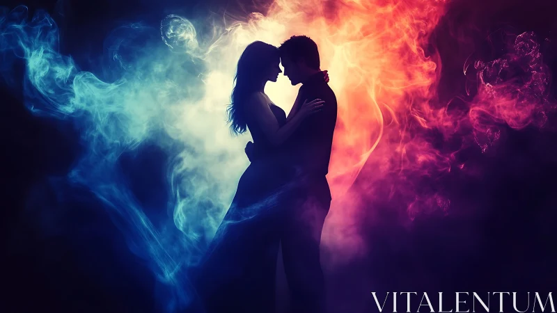 Silhouetted couple embracing amid blue and red flame effects.