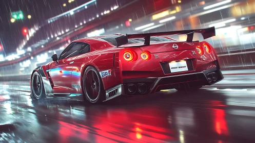 Crimson street beast drifting through neon midnight rain.