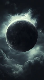 Dark lunar sphere centered among illuminated storm clouds