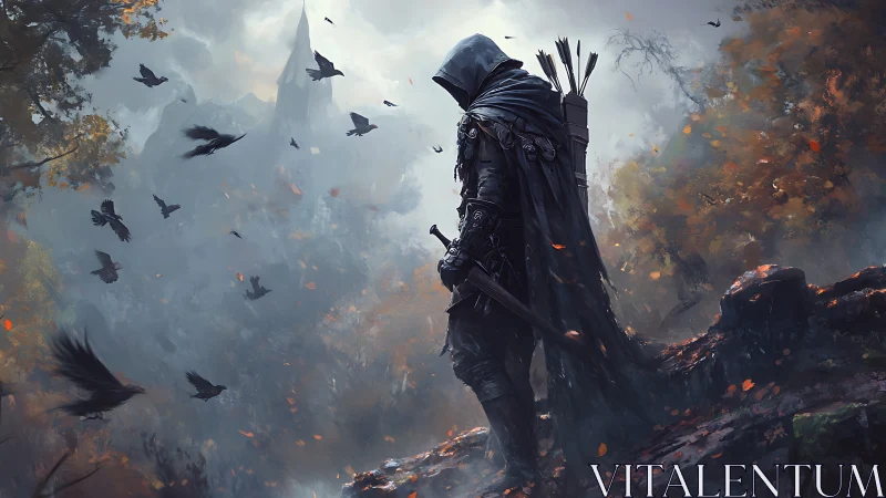 Dark ranger on cliff in misted forest environment design.