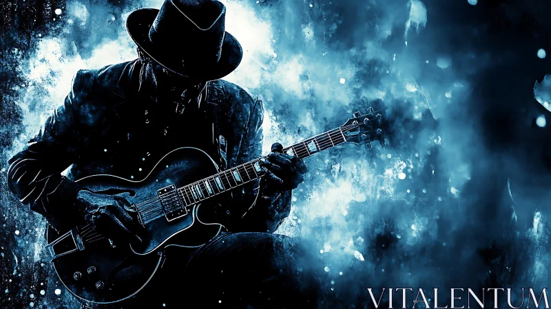 Blues guitarist silhouette in blue abstract digital painting.