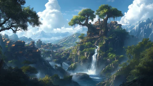 Fantasy Landscape: Palatial Tree Settlement Overlooking Cascading Waterfall Valley