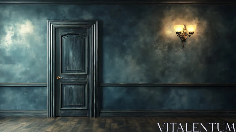 Moody teal hallway wall with closed wooden door and lamp.