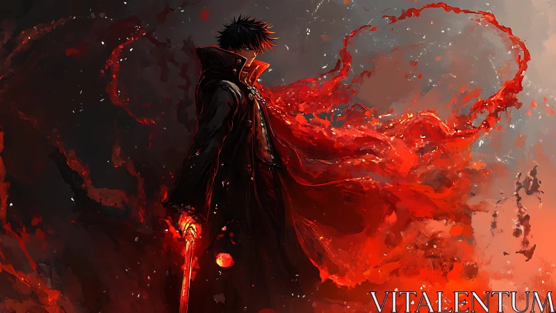 Volumetric bloodcloak warrior in high-energy digital vortex.