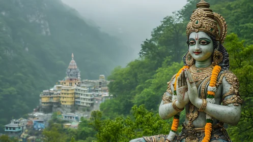 Ornate Hindu deity sculpture before misted Himalayan temple complex.