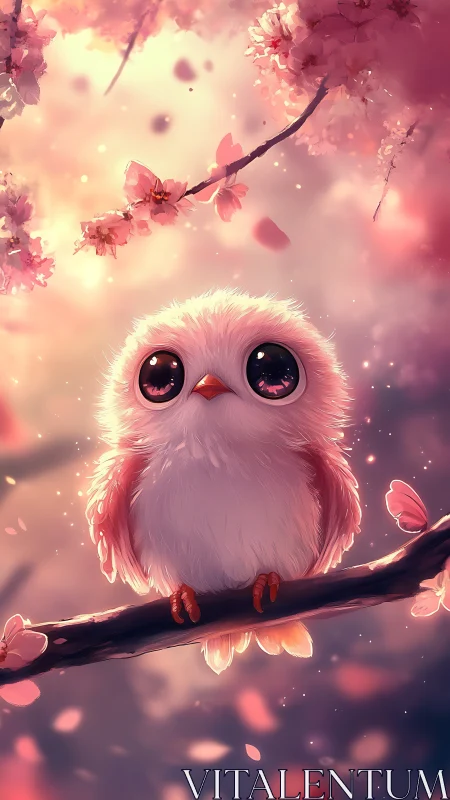 Soft-eyed baby owl rests under dreamy pink blossoms