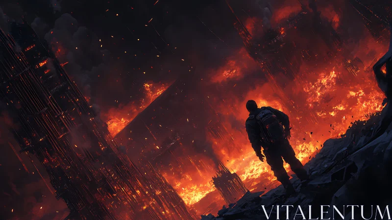 Lone survivor watching a burning futuristic cityscape.