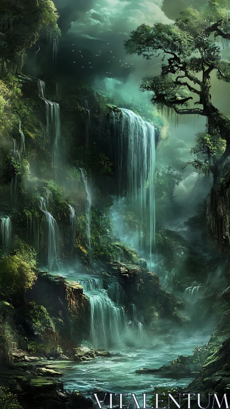 Misty emerald waterfalls cascading through a hidden forest.
