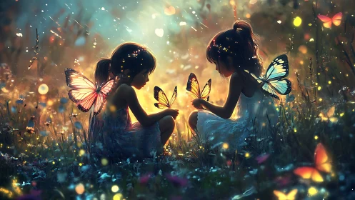 Fantasy digital painting of girls with luminous butterfly wings.