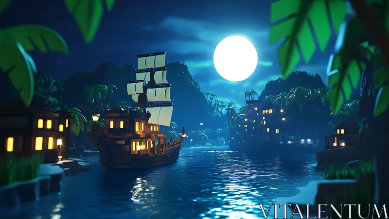 Moonlit Harbor: A Pirate Ship's Glowing Refuge.