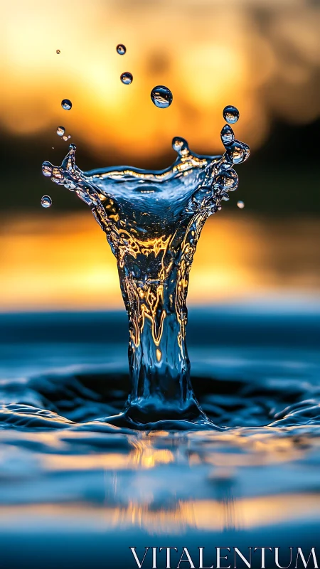 High-speed macro water splash column against golden sunset