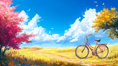 Red Bicycle in Golden Meadow with Blooming Trees