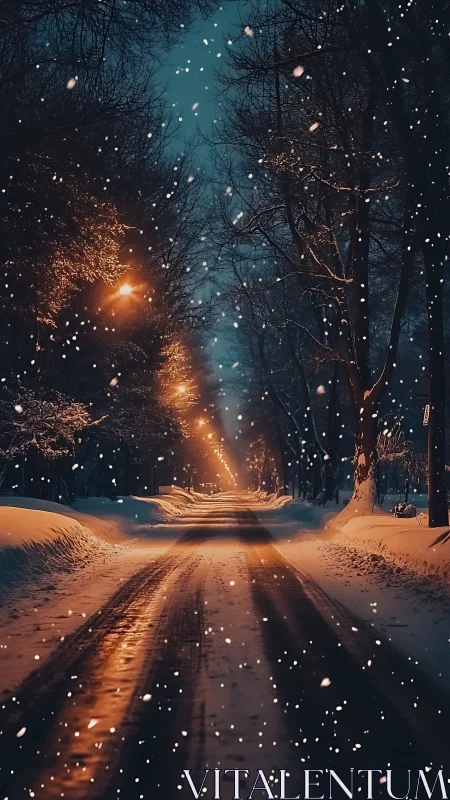 Lantern-lit winter road whispering under drifting snowflakes.