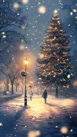 Snowy urban park with illuminated Christmas tree at dusk