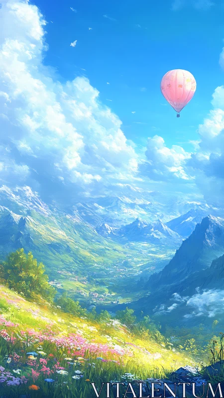 Hot air balloon above alpine valley with atmospheric depth cues