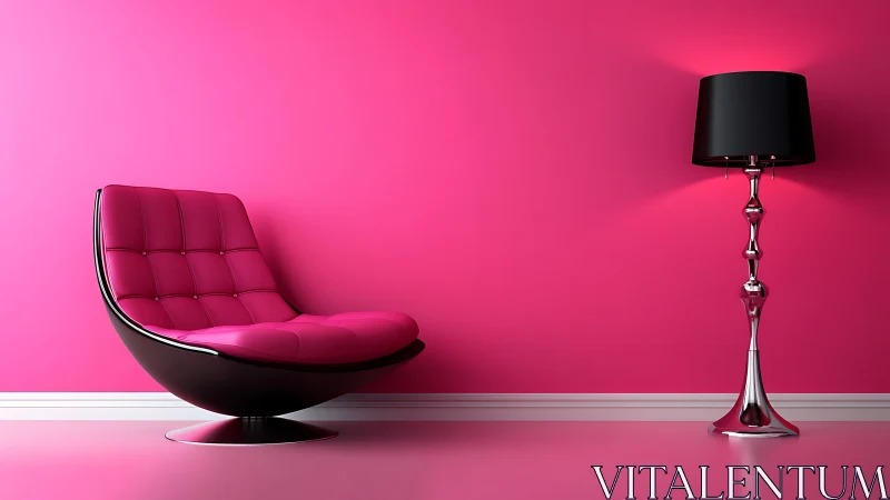 Modern pink lounge chair and lamp set a bold, playful mood