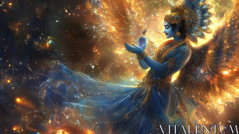 Celestial blue deity draped in gold within luminous cosmos.
