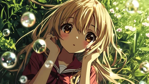 Golden-haired anime girl amid sunlit bubbles and flowers.