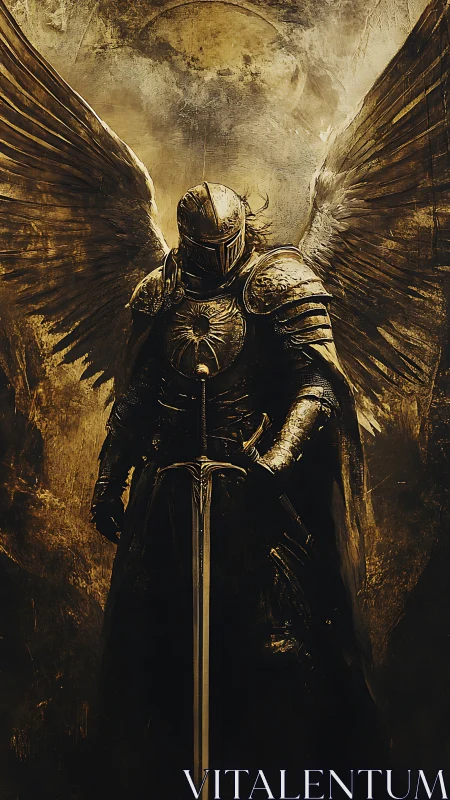 Winged paladin stands beneath eclipsed golden sun.